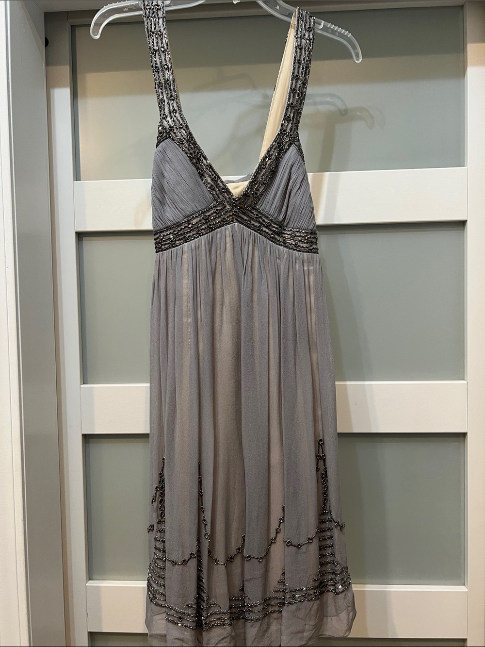 Adrianna Papell Gray Beaded Empire Waist Evening Dress
